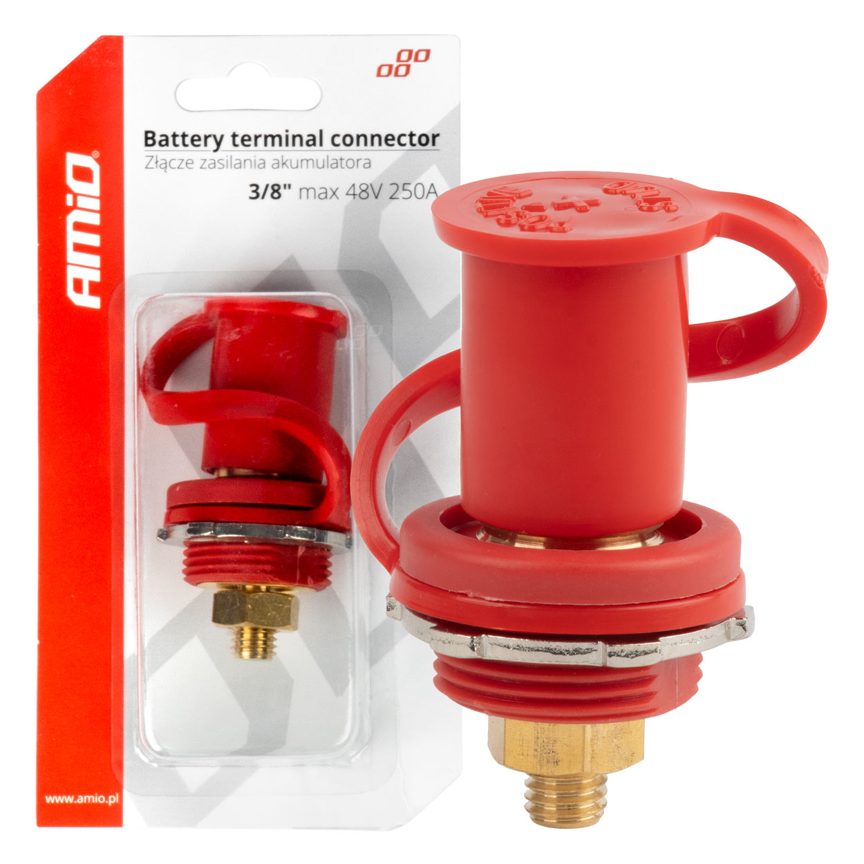 Konektor napájania batérie červený s krytkou 3/8 M10 12V 24V 48V 250A 