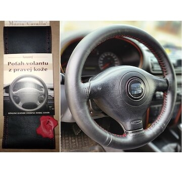 Luxusný poťah volantu z pravej kože Maria Cavallo čierny 36-39 cm (červená niť)