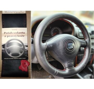 Luxusný poťah volantu z pravej kože Maria Cavallo čierny 36-39 cm (červená niť)
